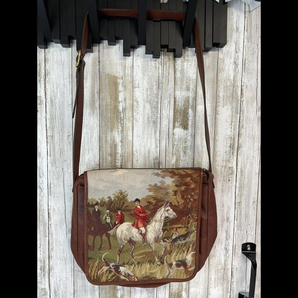 Rare Vintage Casleigh Needlepoint And Leather‎ Large Cross Body Bag